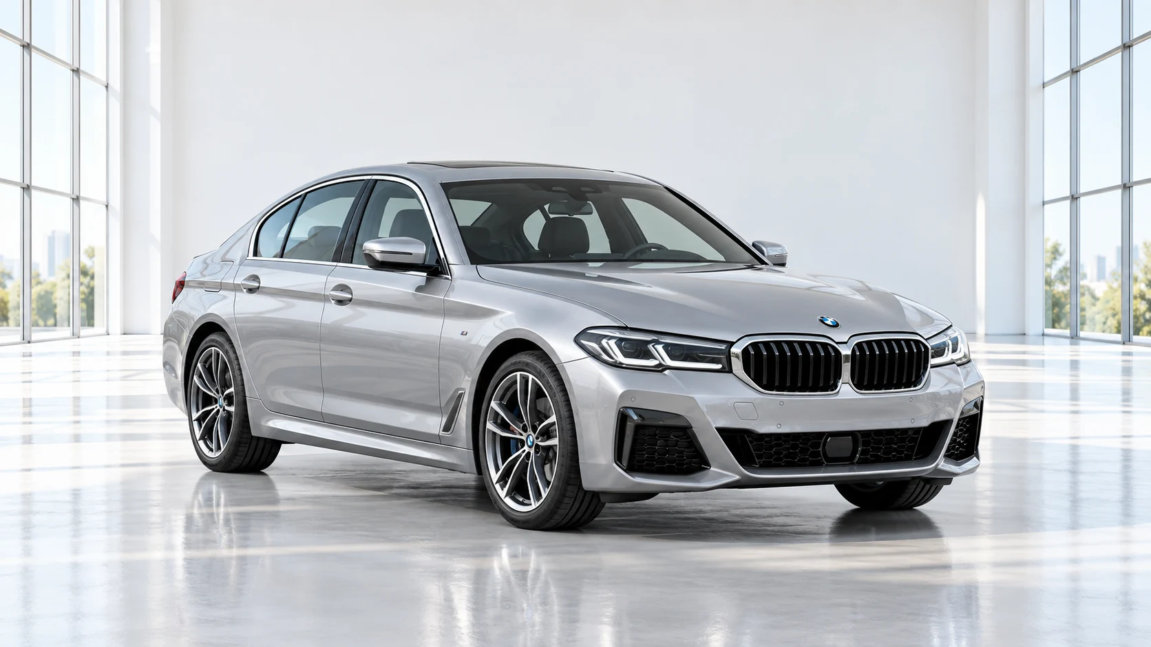 Серебристый BMW в светлой студии — визуализация
